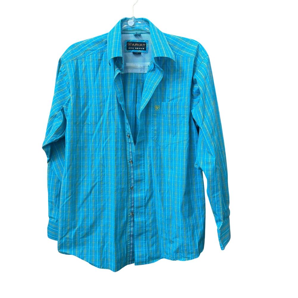 Ariat Pro Series Mens Button Down Shirt Blue Yellow Plaid Long Sleeve Western